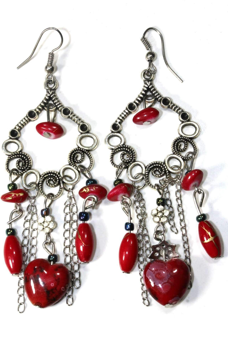 Red Marbled Beads Scroll Work Dangler Earrings
