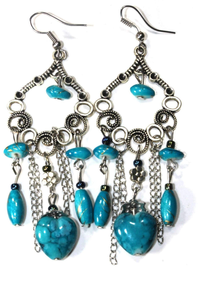Turquoise Marbled Beads Scroll Work Dangler Earrings