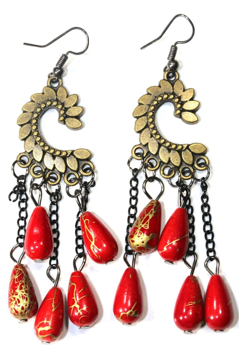Red Paisley Petal & Shimmer Beads Earrings