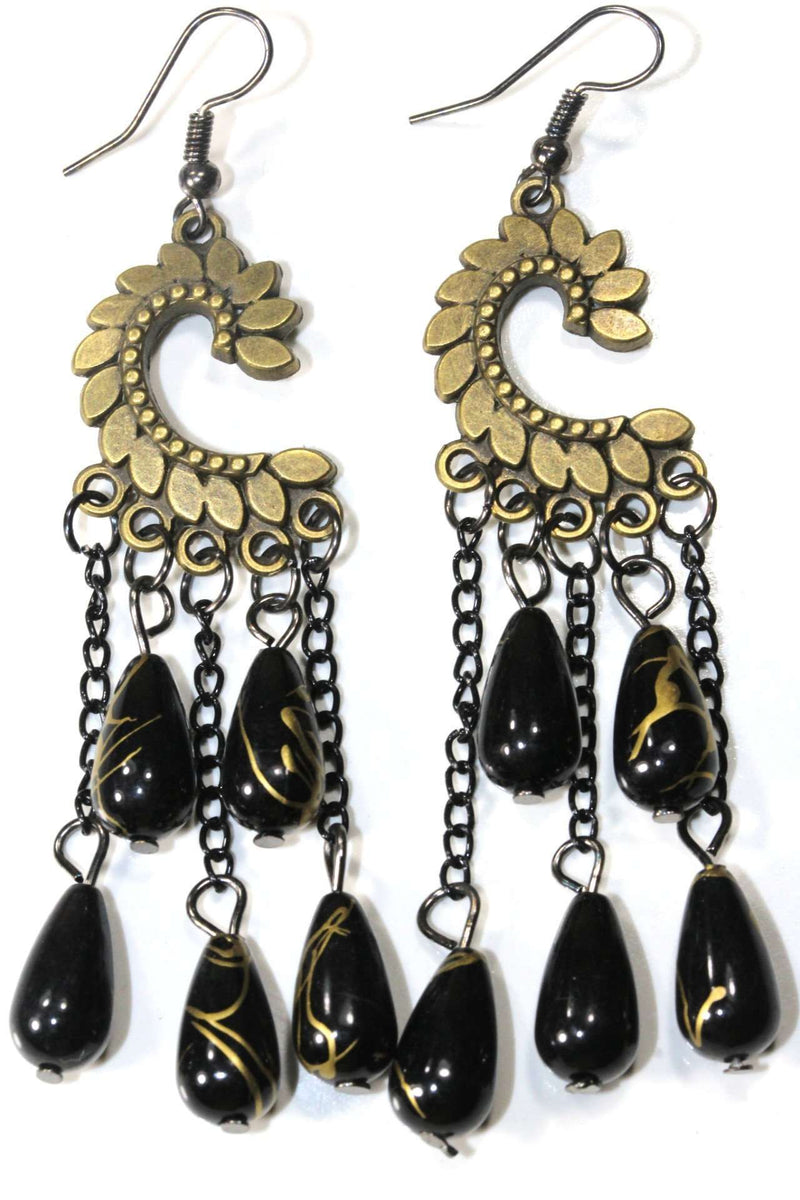 Black Paisley Petal & Shimmer Beads Earrings
