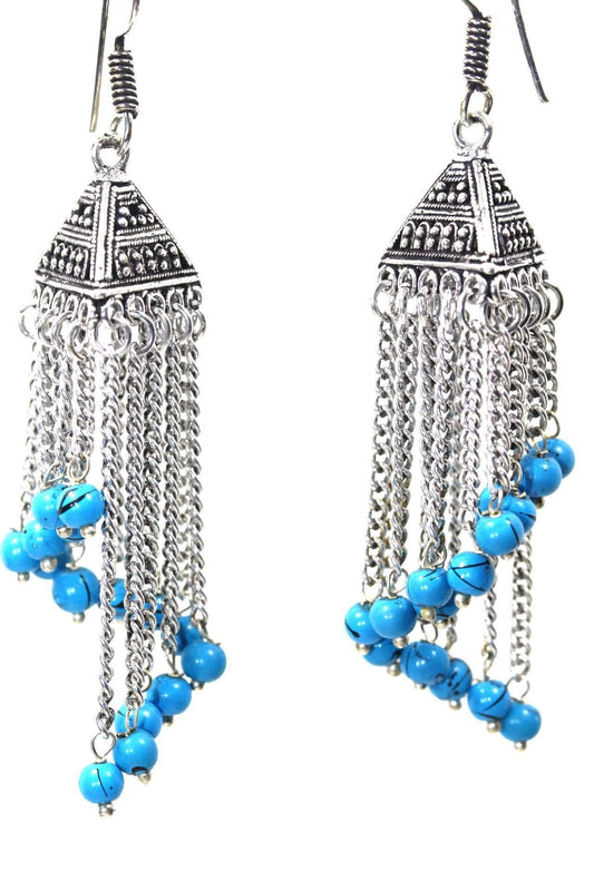 Blue Curving Dangle Chandelier Bead Earrings