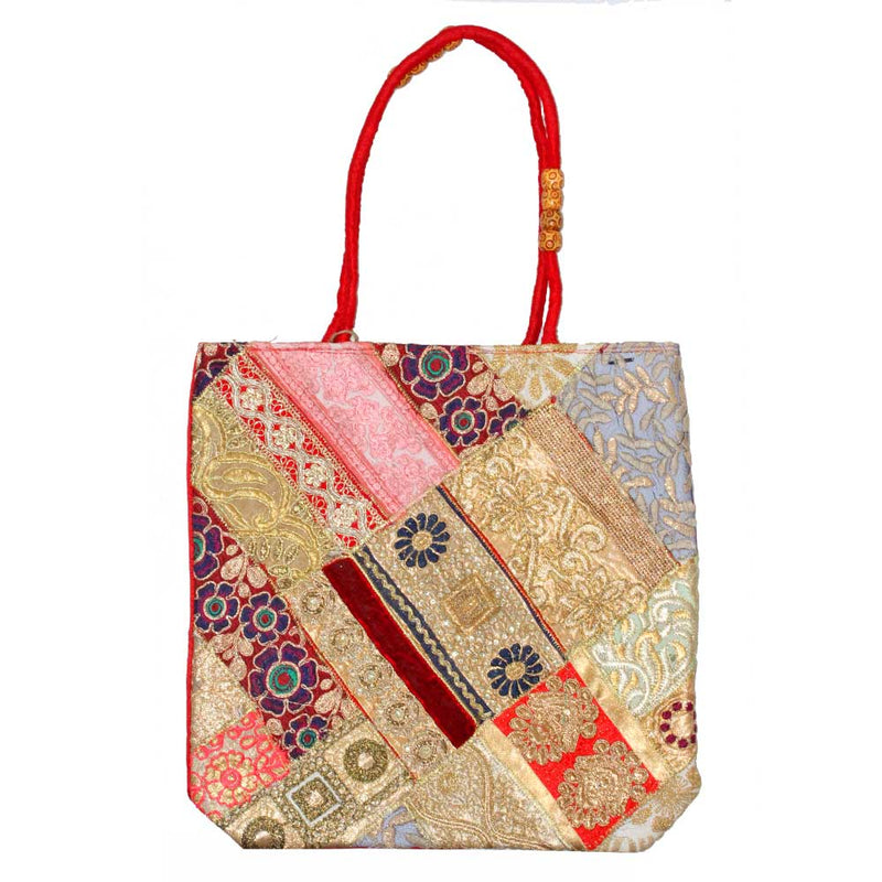 Banarasi Raw Silk Patchwork Sequin Zardozi Embroidery Lace Tote Bag | Wild Lotus®