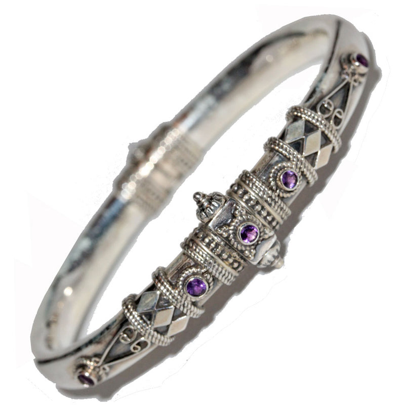 Artisan Unique Handmade Amethyst Tribal Style Hinged Bangle with Barrel Screw Clasp