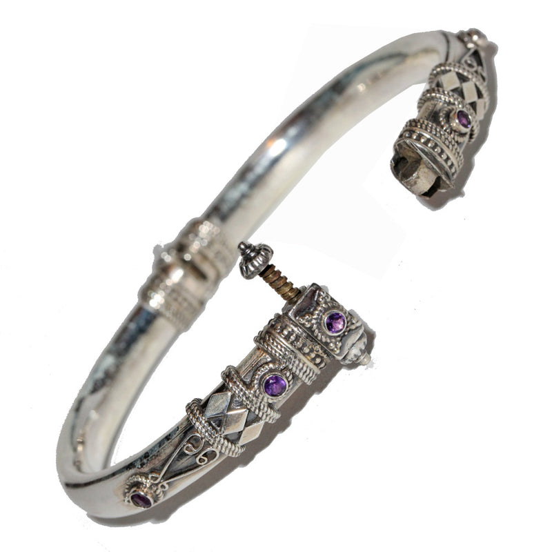 Artisan Unique Handmade Amethyst Tribal Style Hinged Bangle with Barrel Screw Clasp