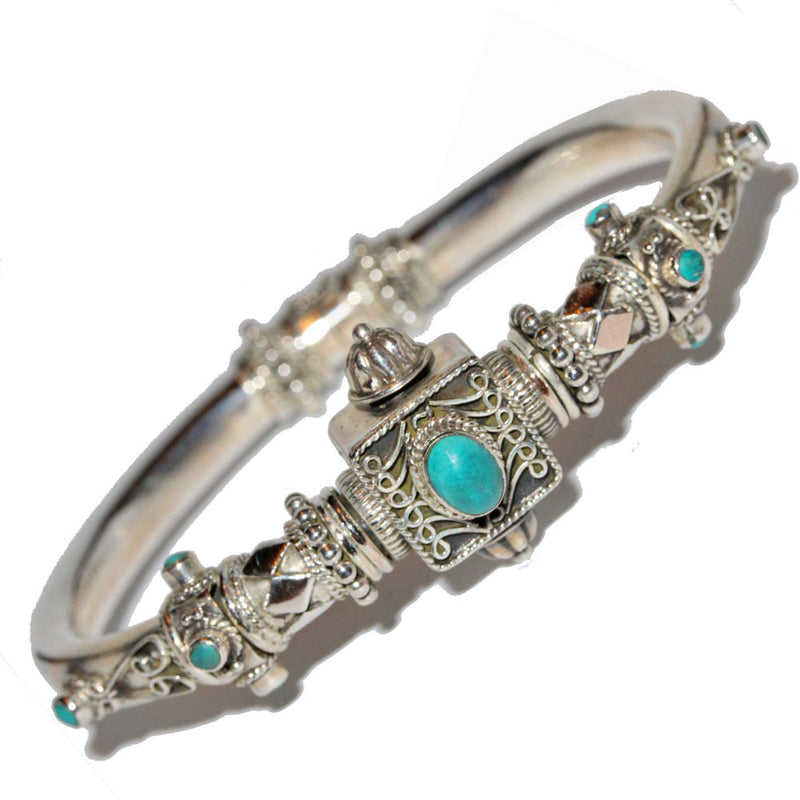 Artisan Unique Handmade Turquoise Scroll-work Hinged Bangle with Barrel Screw Clasp