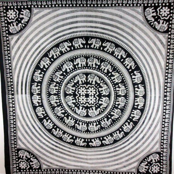Black & White Elephant Mandala With Self Design Tapestry