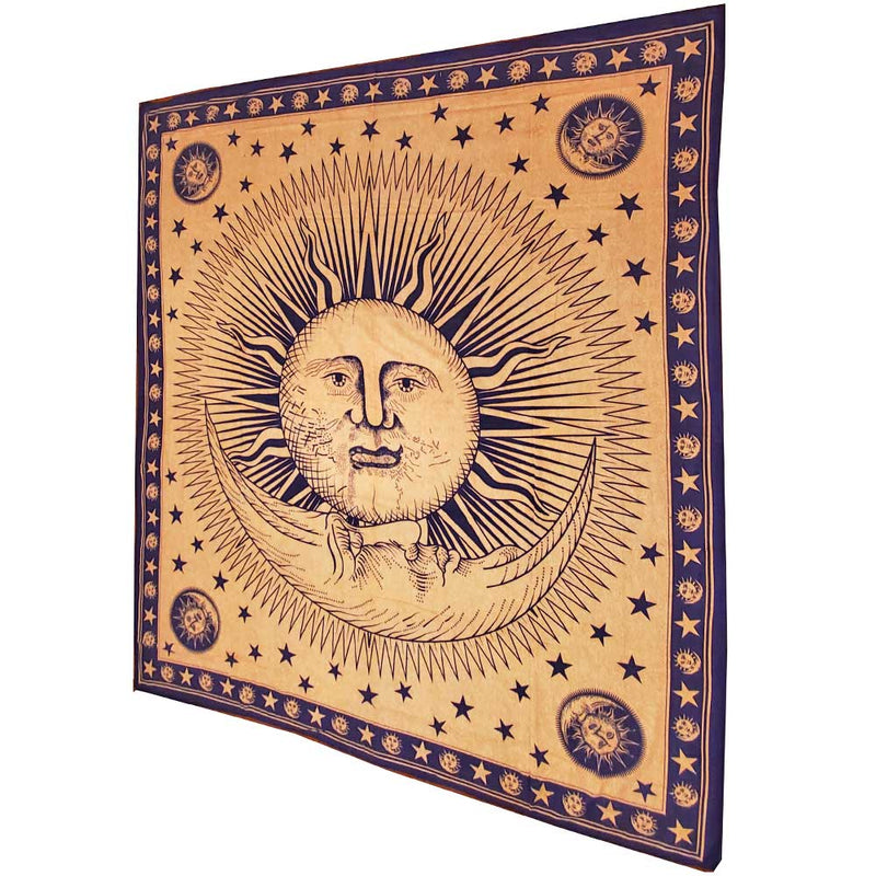 Blue Divine Sun & Celestial Crescent Moon Tapestry with Self Design Artwork