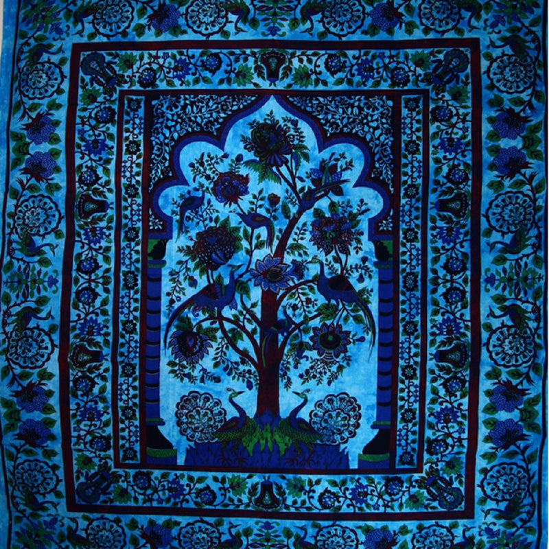Blue Tree of Life Peacock Tapestry