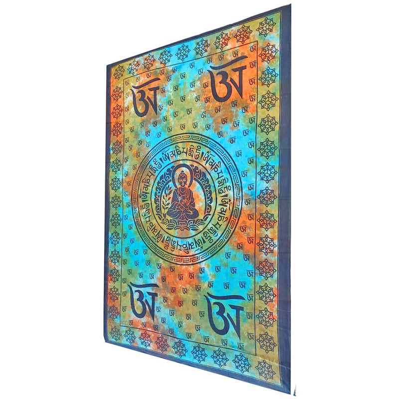 Blue and Orange Buddhist Om Symbol Tapestry Wall Hanging with Seven Chakra Symbol Border | Wild Lotus® | @wildlotusbrand