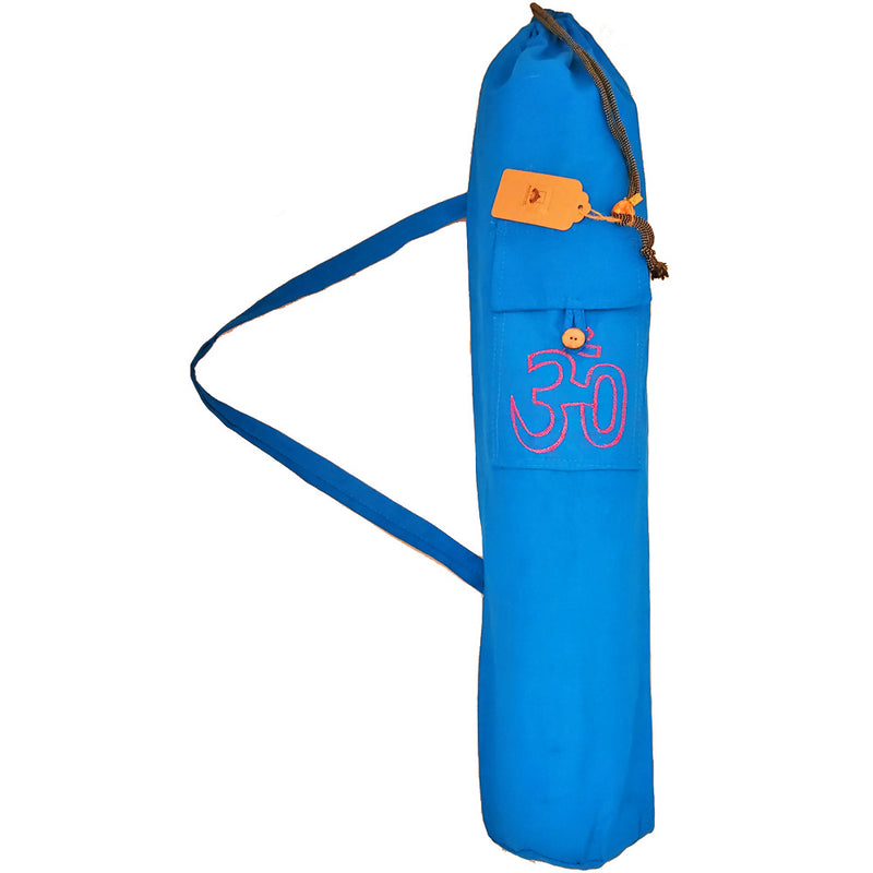 Blue Cotton Hindu Sanskrit Aum Yoga Mat Bag Carrier with Front Pocket