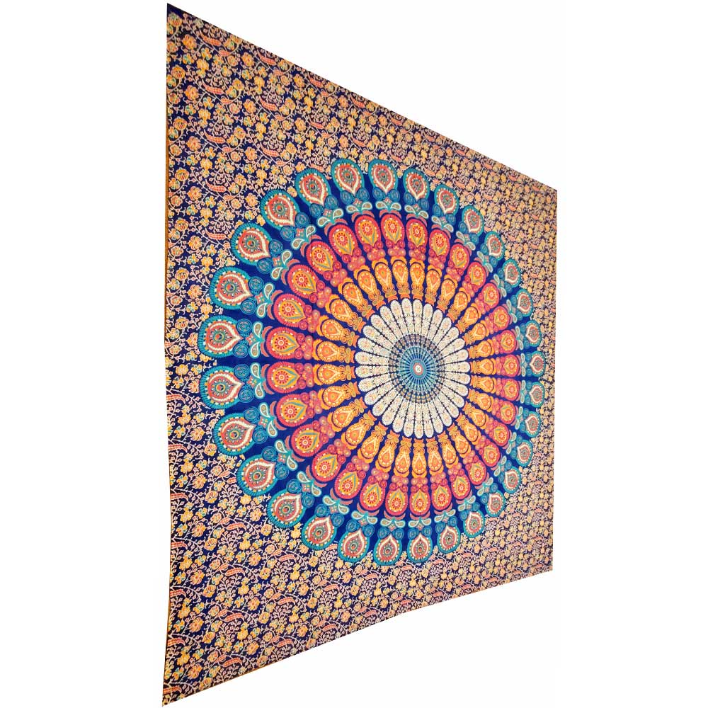 Blue Peacock Feather Mandala Art Deco Design Pattern Tapestry