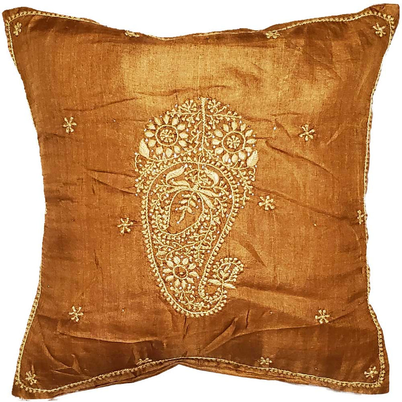 Brown Brinda Embroidery Design Silk Fabric Cushion Cover Design Home Accent Furnishing - 16" x 16" | @wildlotusbrand | wildlotusbrand.com