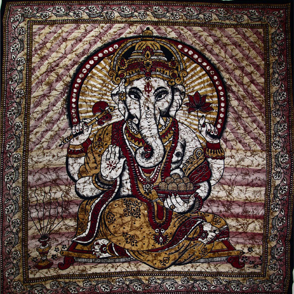 Brown Ganesha Holding Lotus Flower In Batik Style Tie Dye Tapestry