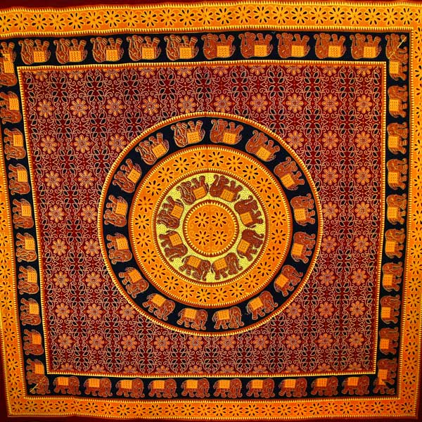 Brown & Saffron Bagru Elephant Mandala Tapestry