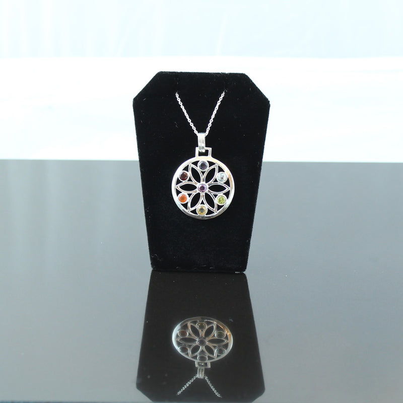 Flower of Life Seven Chakra Multi Gemstone Sterling Silver Pendant Necklace