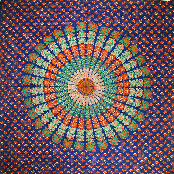 Dark Blue Peacock Dance Mandala Tapestry