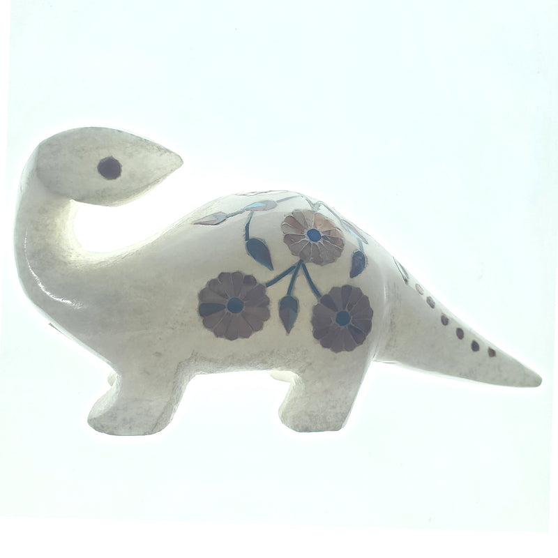 Dinosaur Hard Carved Vintage Animal Figurine Collectible White Marble Floral Inlay Stone Design Statue for Home Office