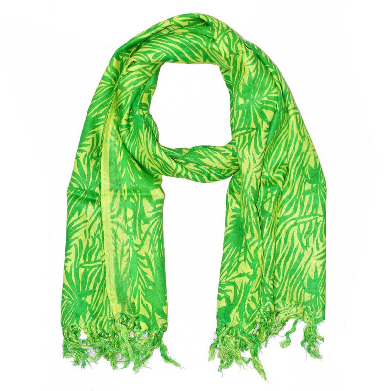 Green Tropical Print Cotton Fabric Plant Themed Tassel Scarf