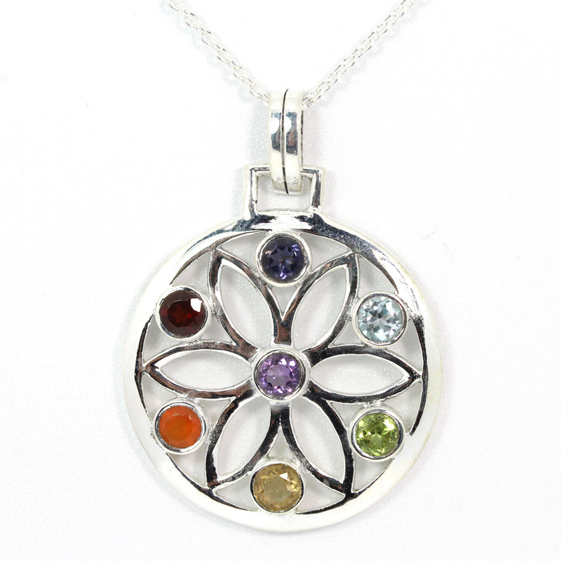Flower of Life Seven Chakra Multi Gemstone Sterling Silver Pendant Necklace
