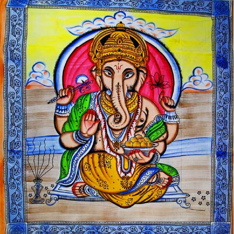 Ganesha Holding Lotus Flower In Pastels With Tassels Tapestry with Blue Border
