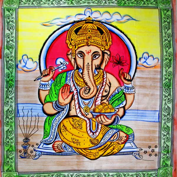 Ganesha Holding Lotus Flower In Pastels With Tassels Tapestry with Green Border