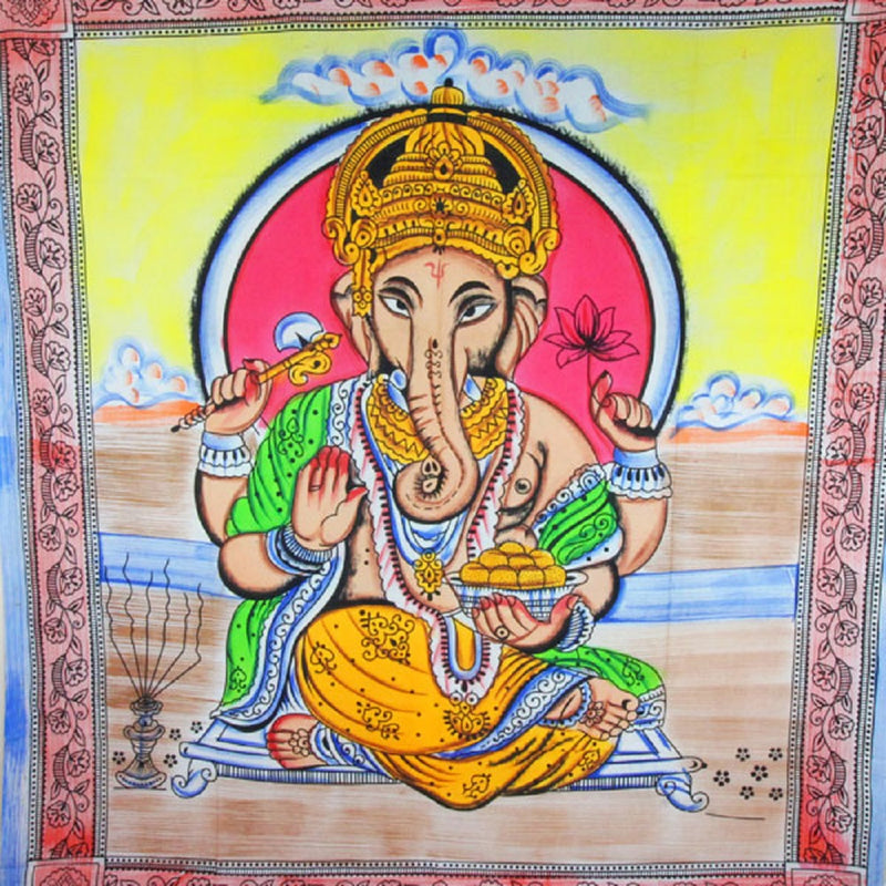 Ganesha Holding Lotus Flower In Pastels With Tassels Tapestry with Red Border