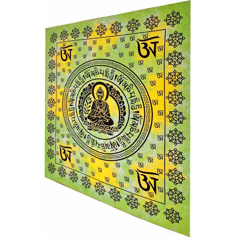 Green Buddhist Om Symbol Full Size Tapestry Wall Hanging with Seven Chakra Symbol Border | Wild Lotus® | @wildlotusbrand