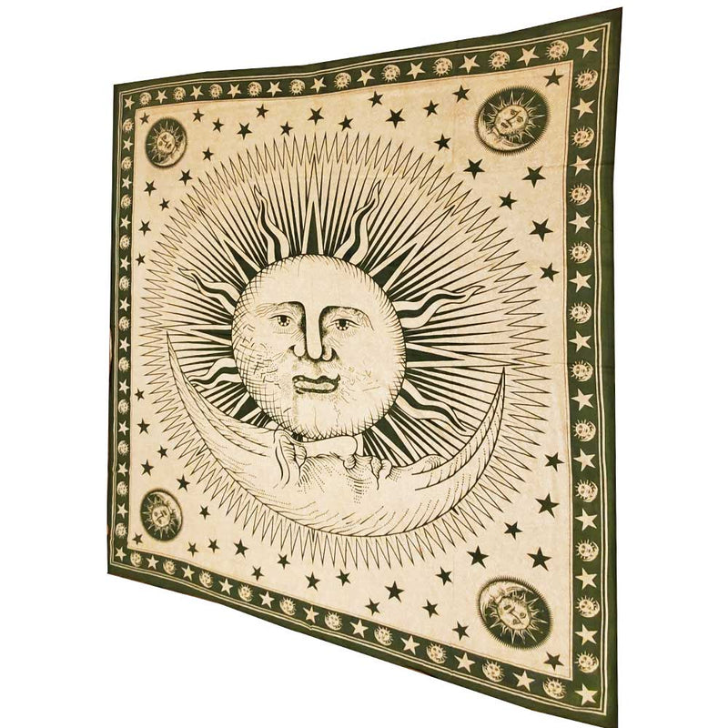 Green Divine Sun & Celestial Crescent Moon Tapestry with Self Design Artwork | Wild Lotus® | @wildlotusbrand