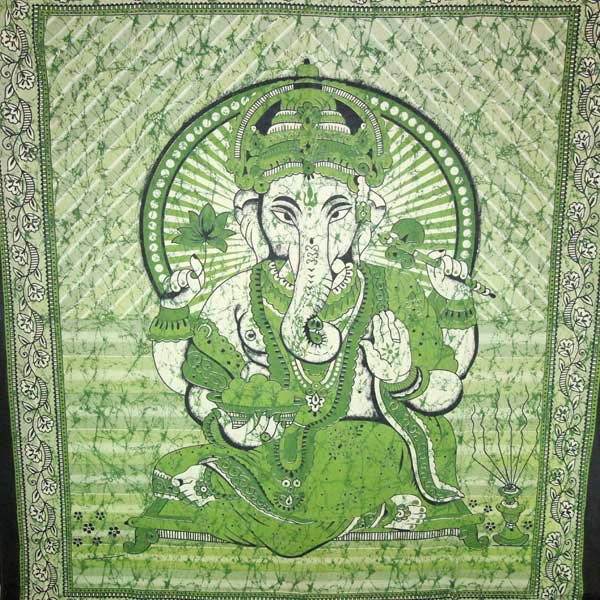 Green Ganesha Holding Lotus Flower In Batik Style Tie Dye Tapestry