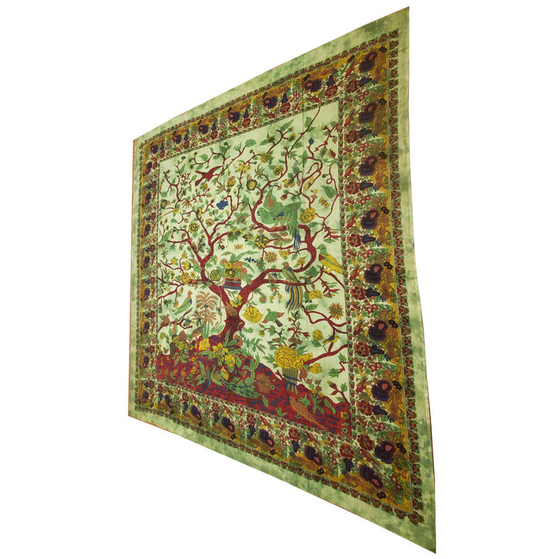 Green Tree of Life Birds Tapestry Colorful Indian Wall Decor | @wildlotusbrand | Wild Lotus®