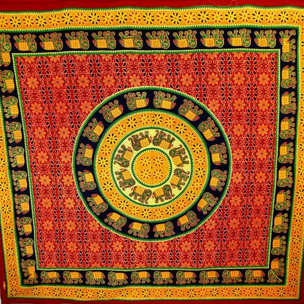 Green & Orange Bagru Elephant Mandala Tapestry