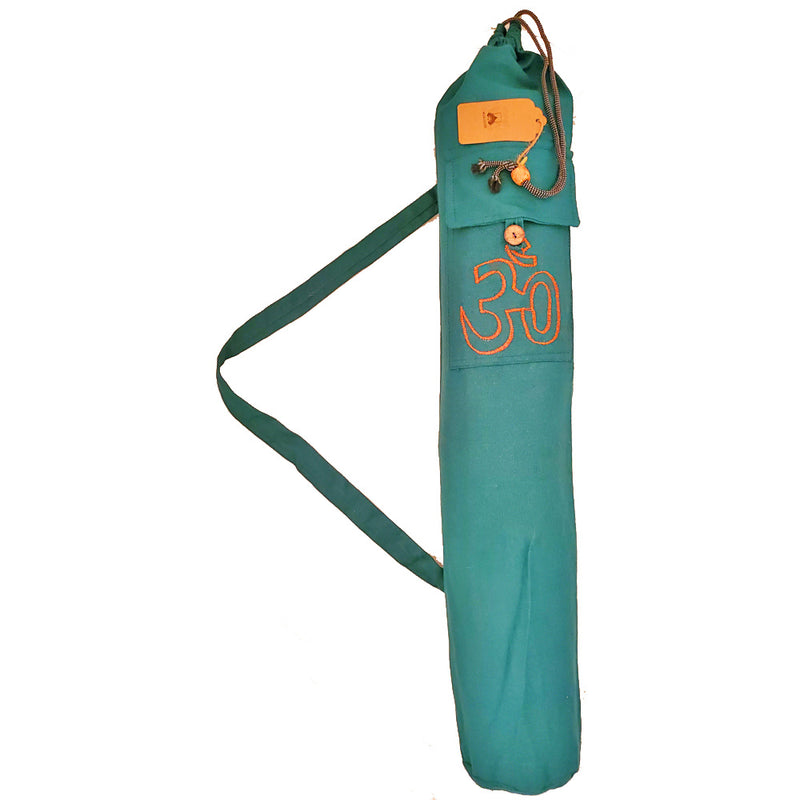 Green Cotton Hindu Sanskrit Aum Yoga Mat Bag Carrier with Front Pocket