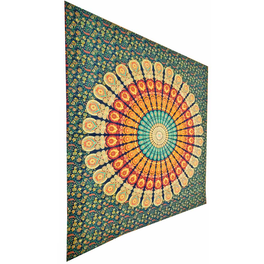 Green Peacock Feather Mandala Art Deco Design Pattern Tapestry