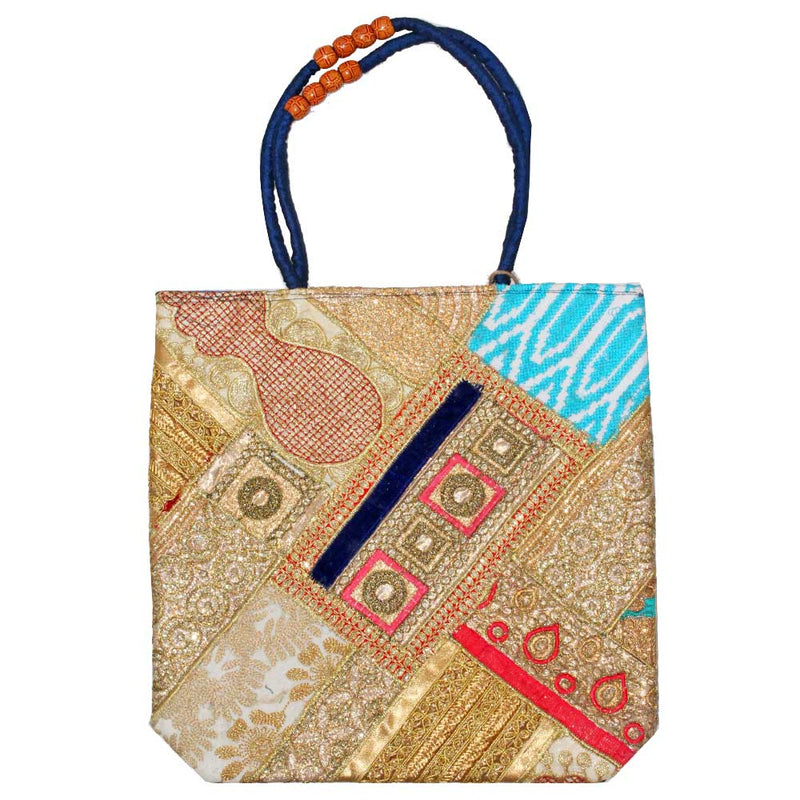 Gudari Raw Silk Patchwork Sequin Zardozi Embroidery Lace Tote Bag | Wild Lotus®