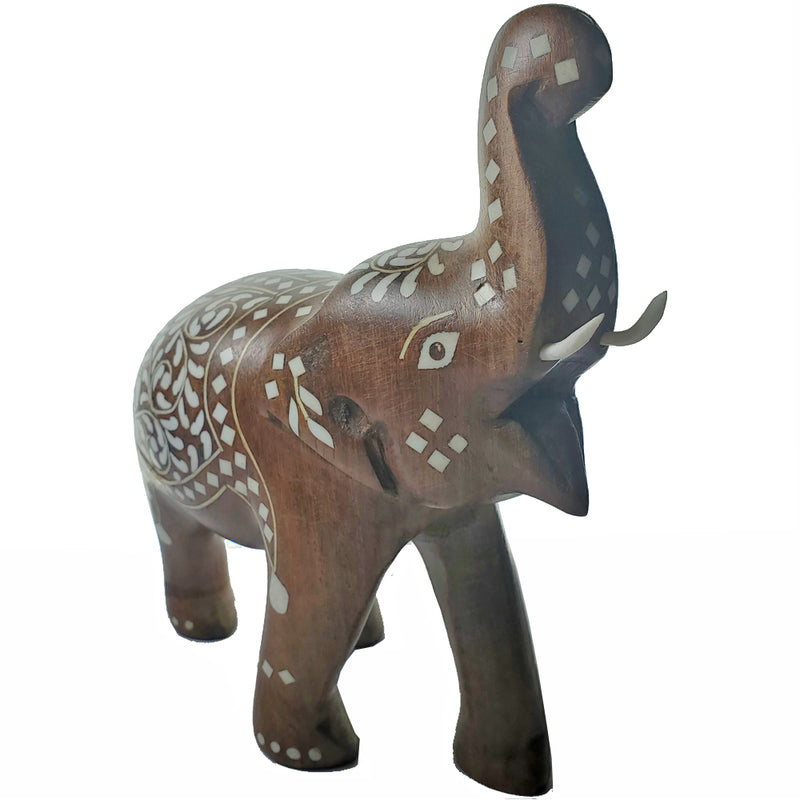 Hand Carved Wooden Indian Elephant Statue with Resin Inlay Decoration