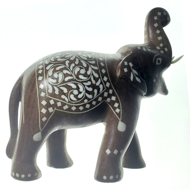 Hand Carved Wooden Indian Elephant Statue with Resin Inlay Decoration | Wild Lotus