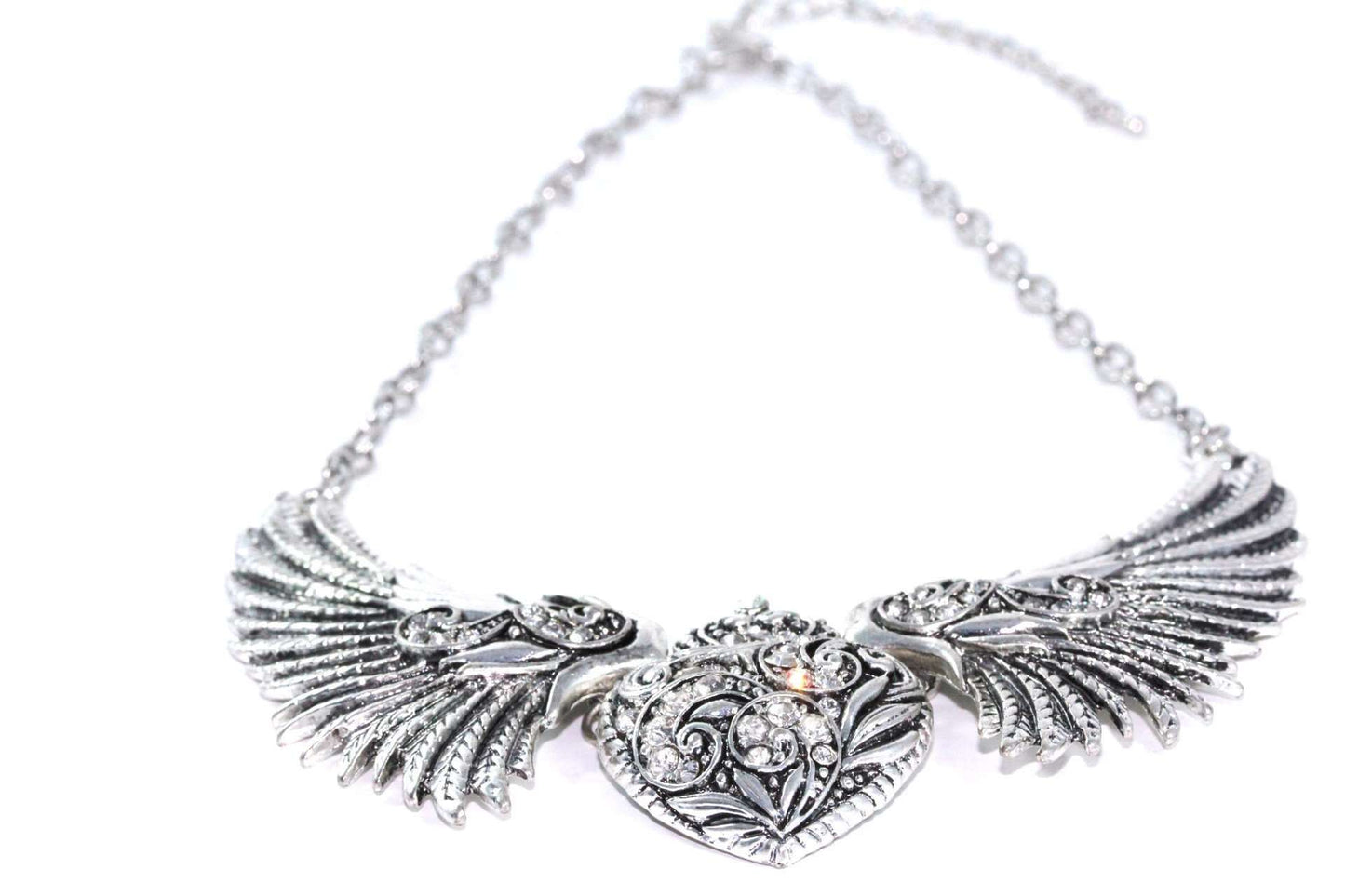Silver Tone Angel Wings Heart Necklace