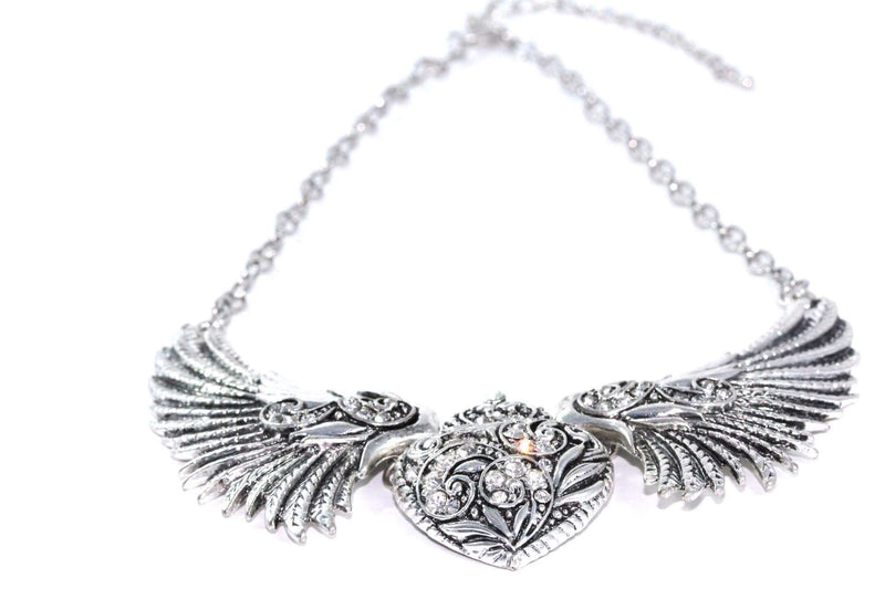 Silver Tone Angel Wings Heart Necklace