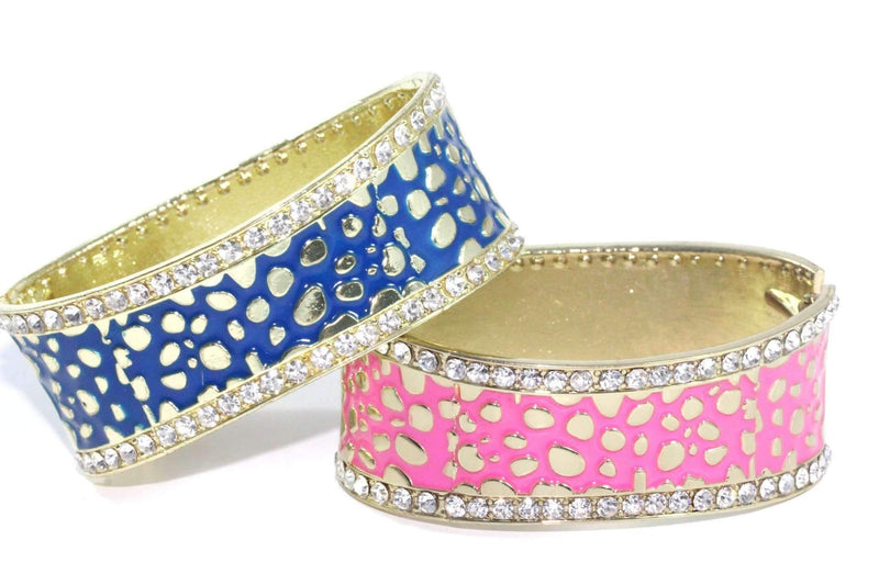 Blue & Pink Leopard Design Hinged Cuff Bangles