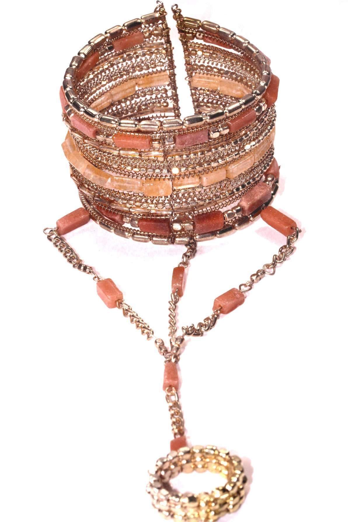 Brown & Rose Quartz Exotic Gemstone Bangle & Ring