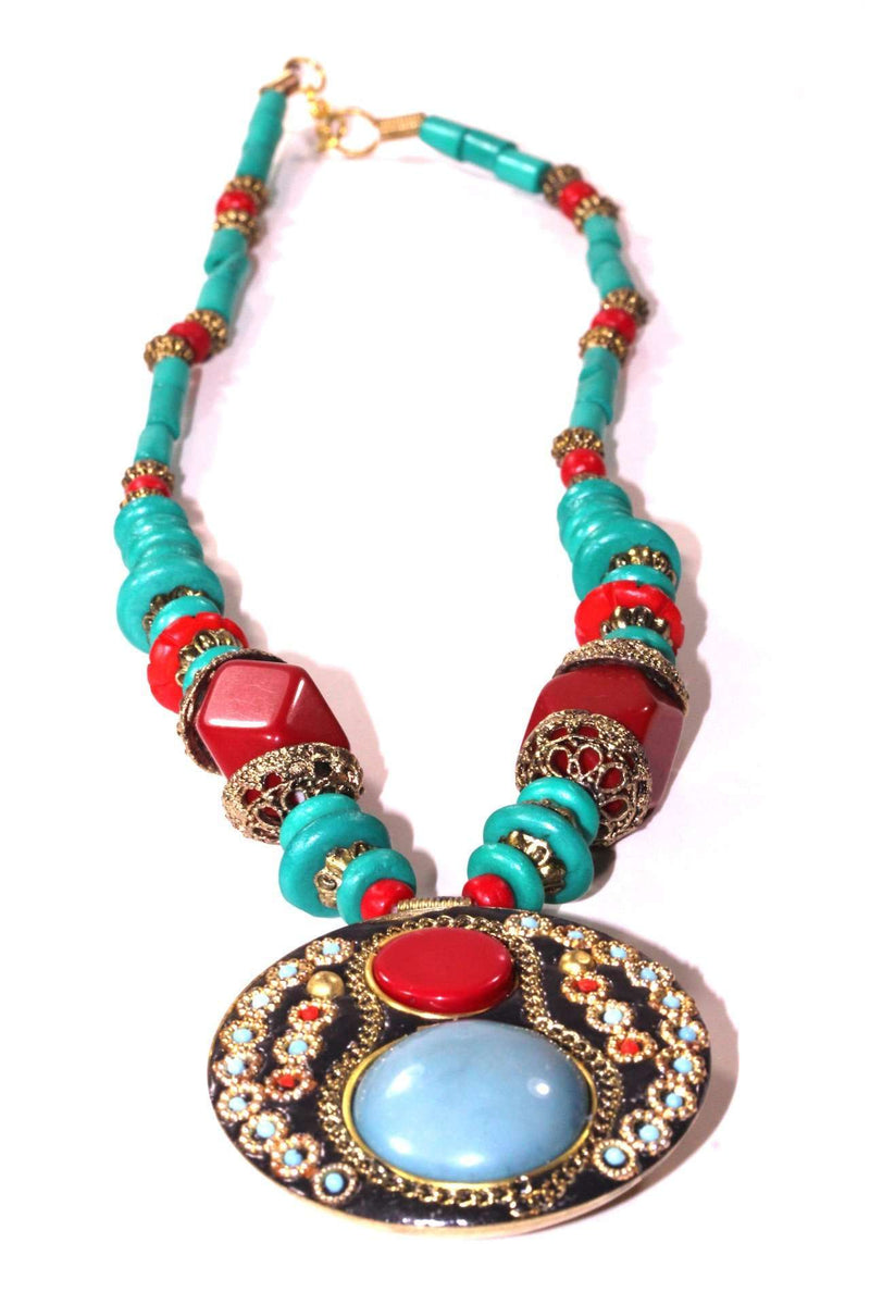Multi Color Turquoise & Red Coral Medallion Necklace