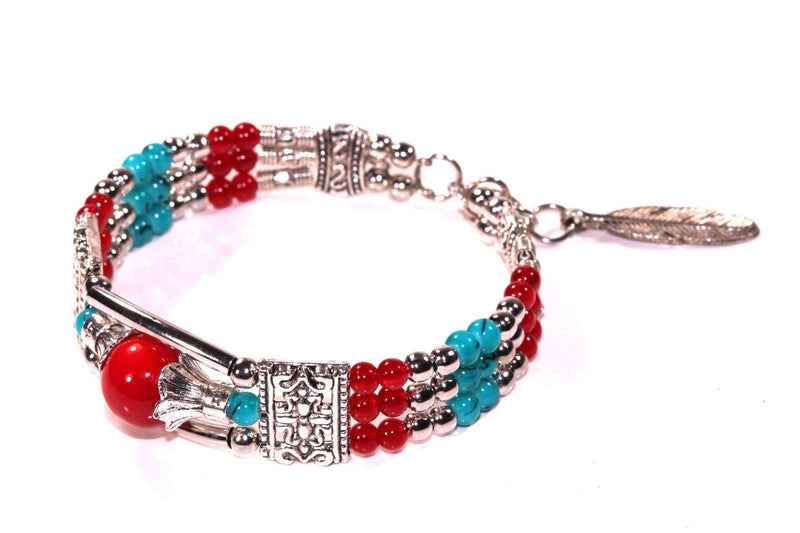 Red & Blue Feather Charm And Beads Bracelet