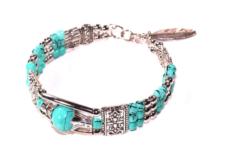 Sea Blue Feather Charm And Beads Bracelet