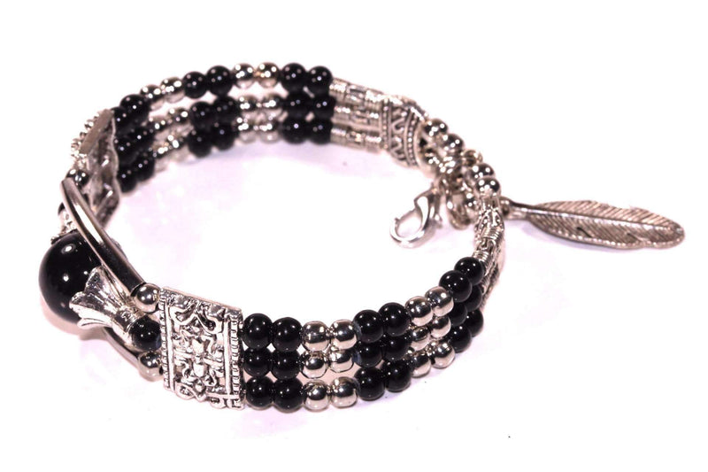 Black Feather Charm And Beads Bracelet