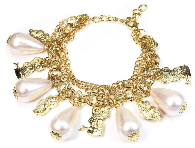 Gold Tone Drop Pearls & Owls Charm Bracelet