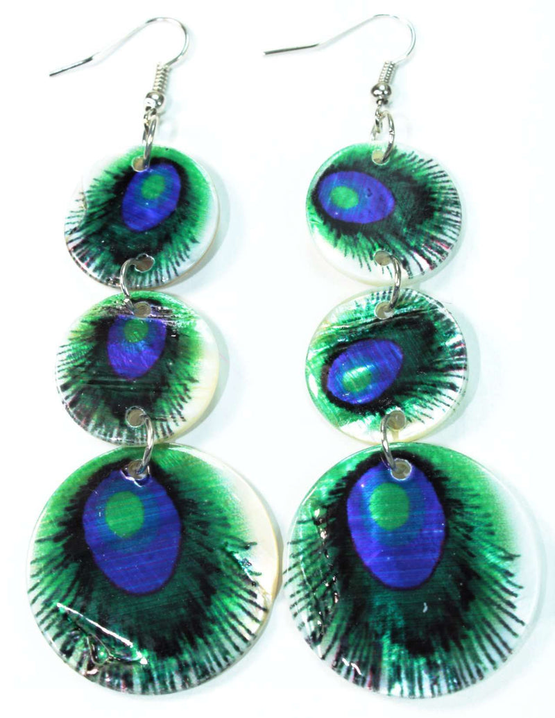 Three Tiered Peacock Blue Feather Mother of Pearl Earrings