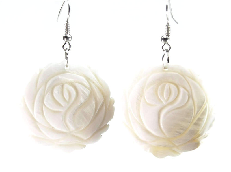 White Mother of Pearl Carved Rose Earrings
