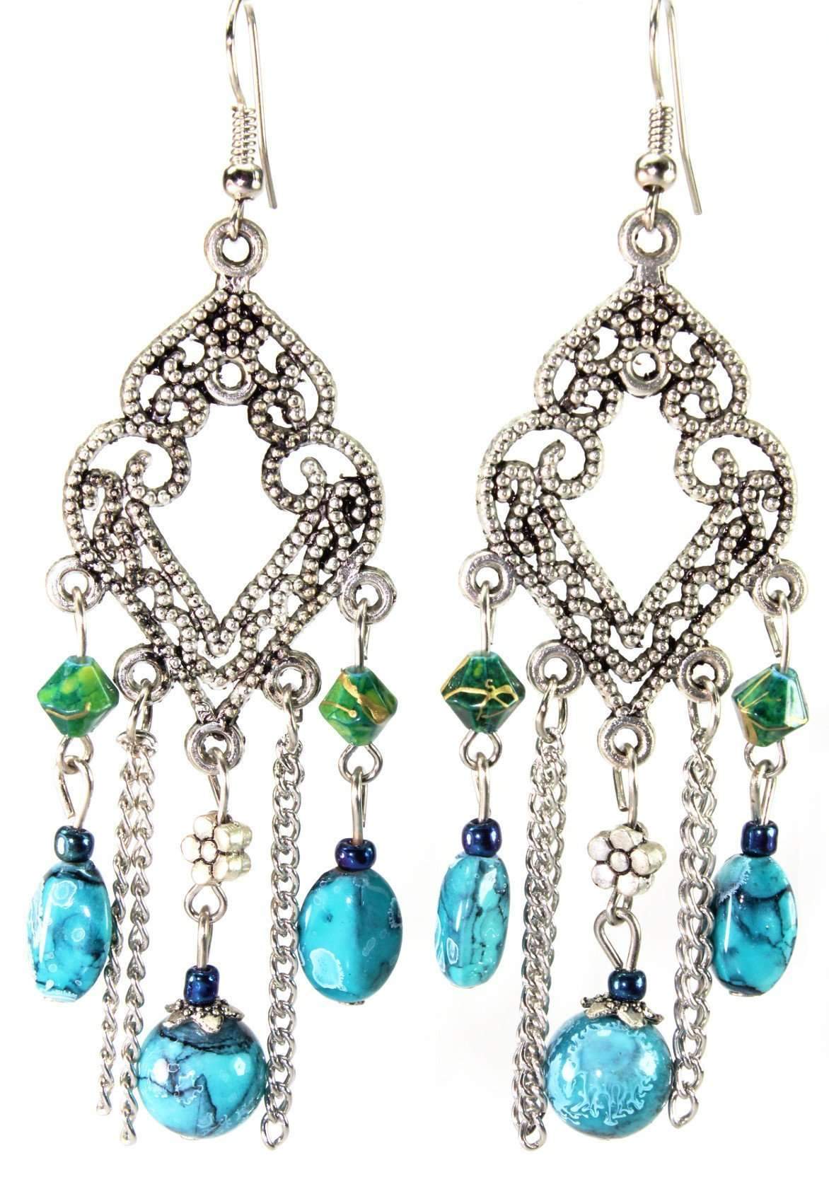 Blue Filigree Open Work & Marbled Beaded Earrings