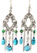Blue Filigree Open Work & Marbled Beaded Earrings
