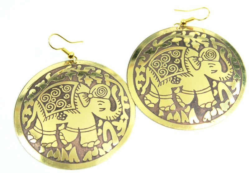 Brown on Gold Tone Traveling Elephant Earrings